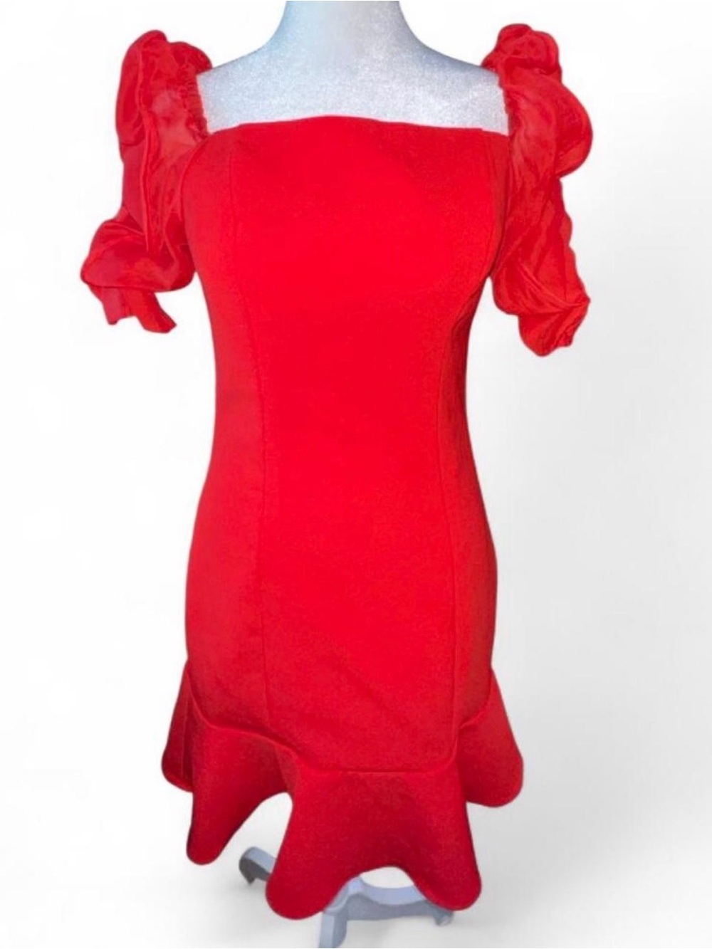 Red Puff Sleeve Fit-and-Flare Dress